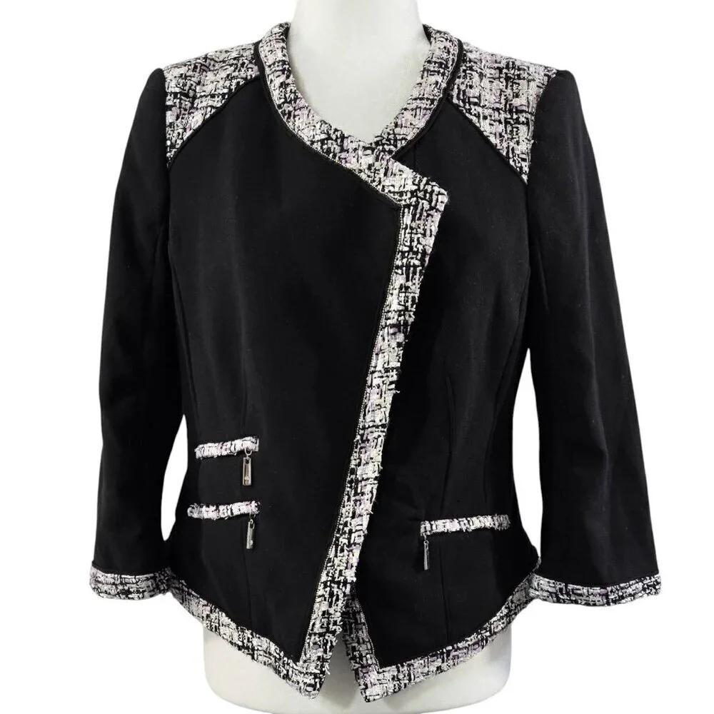 White House Black Market Black Contrast Tweed Trim Cropped Moto Jacket Pockets